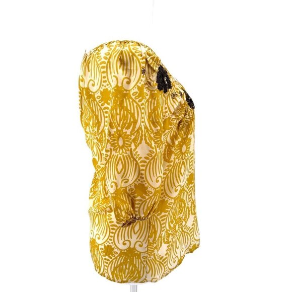 Anthropologie Edme & Esyllte EUC Green & Cream Silk Blouse W/ Floral Embellishme - Picture 5 of 8